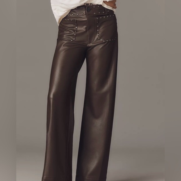 NWT Anthropologie TALL Colette Full-Length Faux Leather Studded Wide Leg Pants - Picture 1 of 6